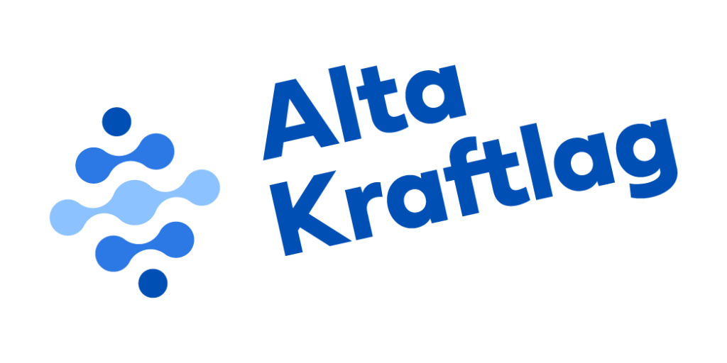Logo for Alta Kraftlag with stylized blue interconnected dots to the left and the company name in bold blue letters to the right. Eksempel på ukorrekt bruk av logo.