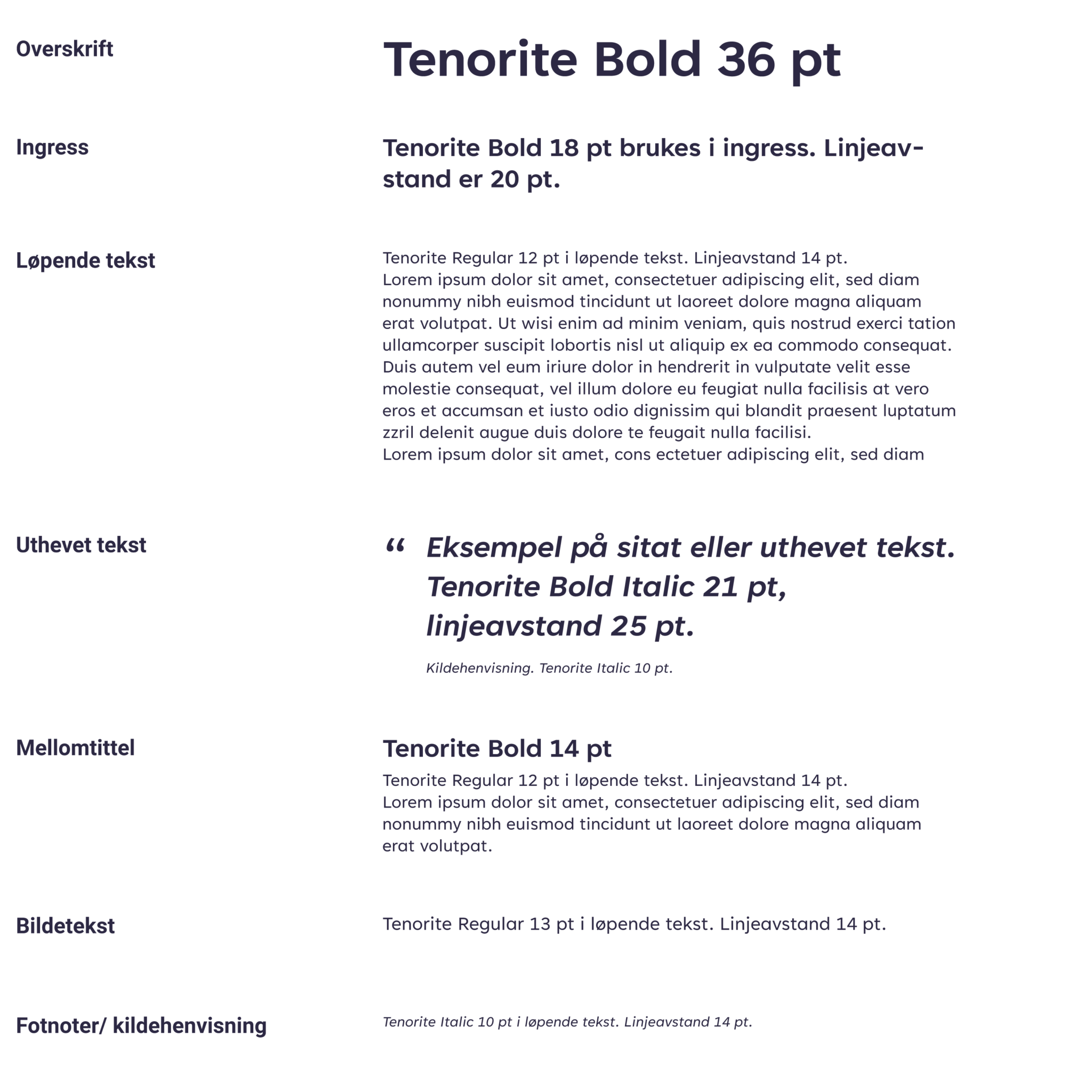 Typografihierarki med eksempler på fontstørrelser og -stiler i Tenorite-skriften, inkludert overskrift i Tenorite Bold 36 pt, ingress i Tenorite Bold 18 pt med linjeavstand 20 pt, løpende tekst i Tenorite Regular 12 pt med linjeavstand 14 pt, uthevet tekst som sitat i Tenorite Bold Italic 21 pt med linjeavstand 25 pt, mellomtittel i Tenorite Bold 14 pt, bildetekst i Tenorite Regular 13 pt, og fotnoter/kildehenvisning i Tenorite Italic 10 pt med linjeavstand 14 pt.