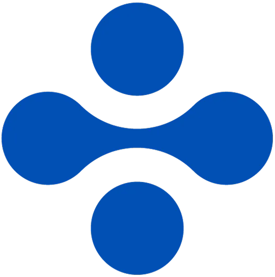 Blå abstrakt logo bestående av to store sirkler horisontalt koblet med en buet linje, og en sirkel over og en under, på svart bakgrunn.