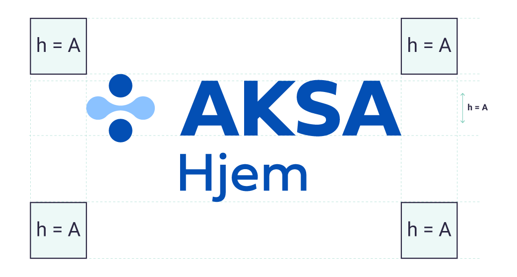 Logo med teksten 'AKSA Hjem' og et blått symbol til venstre, omgitt av et beskyttelsesområde markert med bokser og teksten 'h = A'.