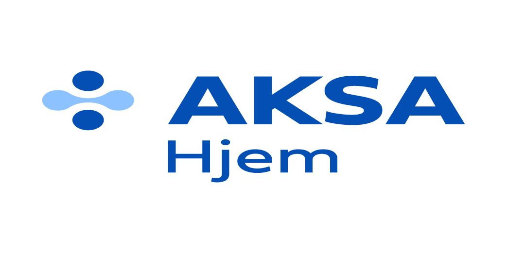 Logo for AKSA Hjem with a blue abstract emblem on the left and the words AKSA above Hjem in blue text on the right. Example of Incorrect usage.