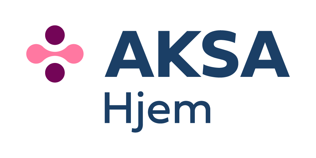Logo med teksten AKSA Hjem og et grafisk symbol med to lilla sirkler og to rosa former i en horisontal linje. Eksempel på ukorrekt bruk av logo.