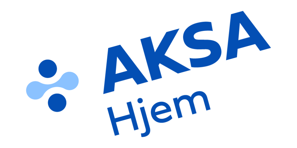 Logoen til AKSA Hjem med blå tekst og symbol bestående av to mørkeblå sirkler koblet med en lys blå form. Eksempel på ukorrekt bruk av logo.