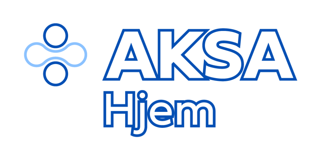 Logo med ordene AKSA Hjem i blått med et abstrakt symbol bestående av to blå sirkler koblet med en lys blå buet linje. Eksempel på ukorrekt bruk av logo.
