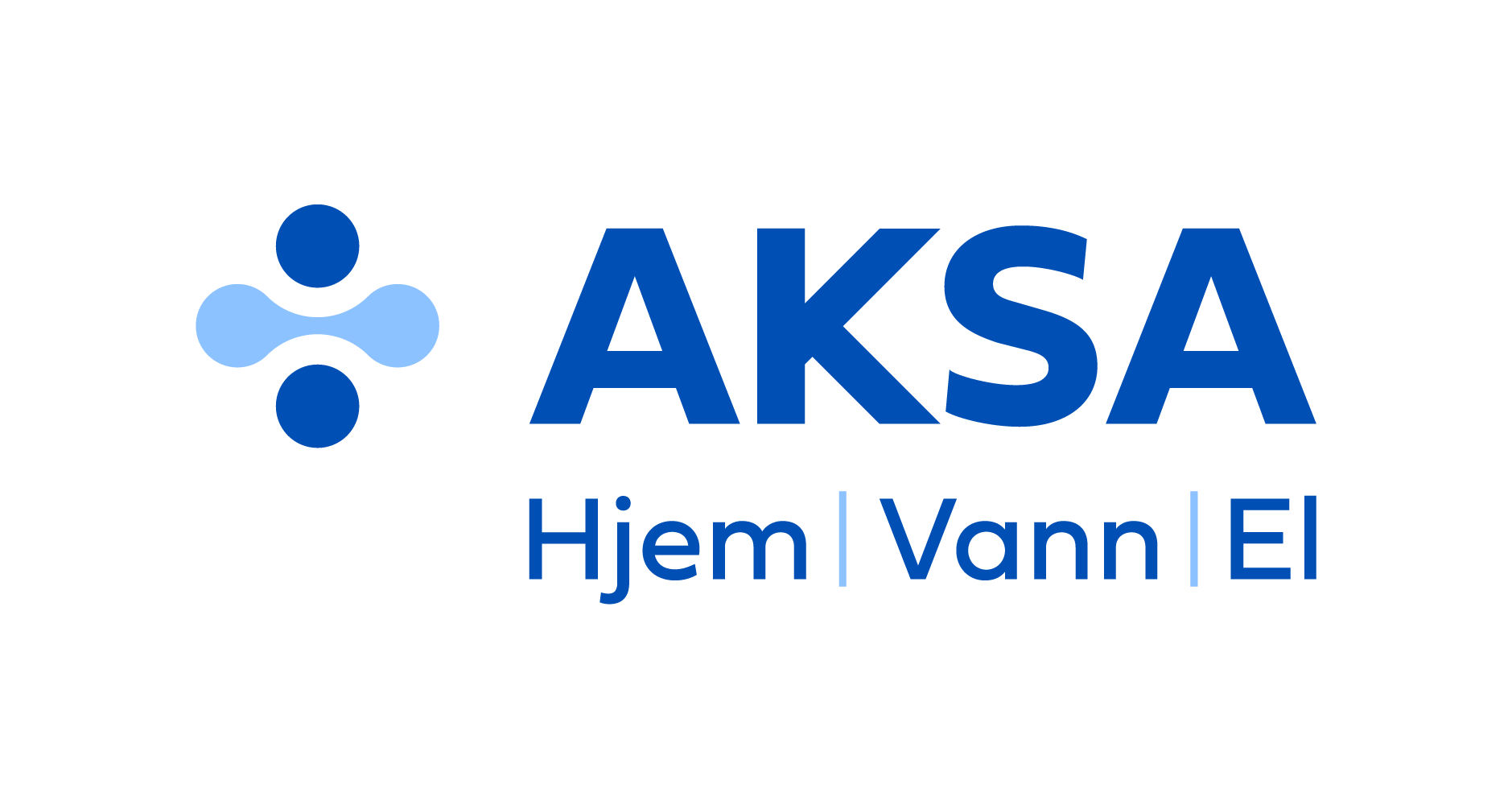 Logo for AKSA featuring a blue abstract symbol and the words 'AKSA' in bold blue letters above 'Hjem | Vann | El' in smaller blue text.