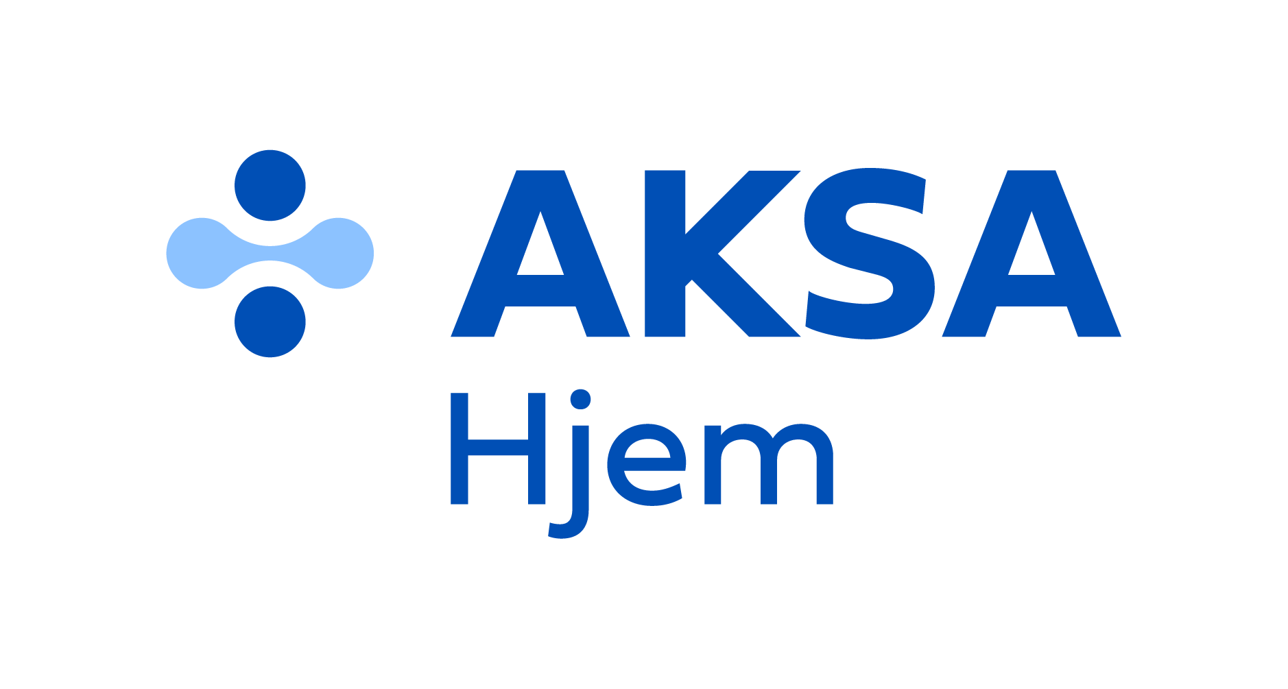 Logo for AKSA Hjem featuring a blue abstract symbol with two dark blue circles and two light blue shapes, next to the text 'AKSA' in large blue letters and 'Hjem' below in smaller blue letters.