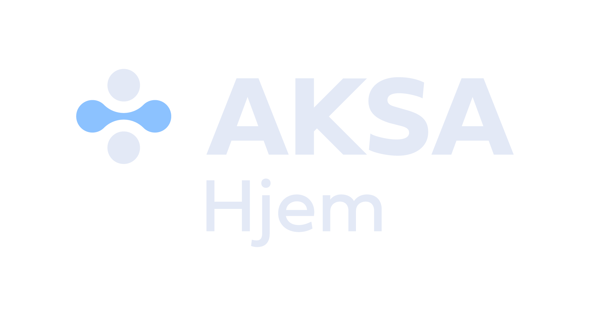 AKSA Hjem-logoen med et blått symbol bestående av to sammenkoblede runde figurer og to separate, mindre runde figurer på hvit bakgrunn.