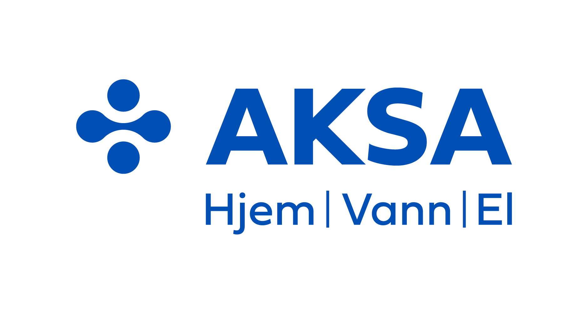 AKSA logo in blue with abstract symbol on the left and text 'Hjem | Vann | El' below the name.