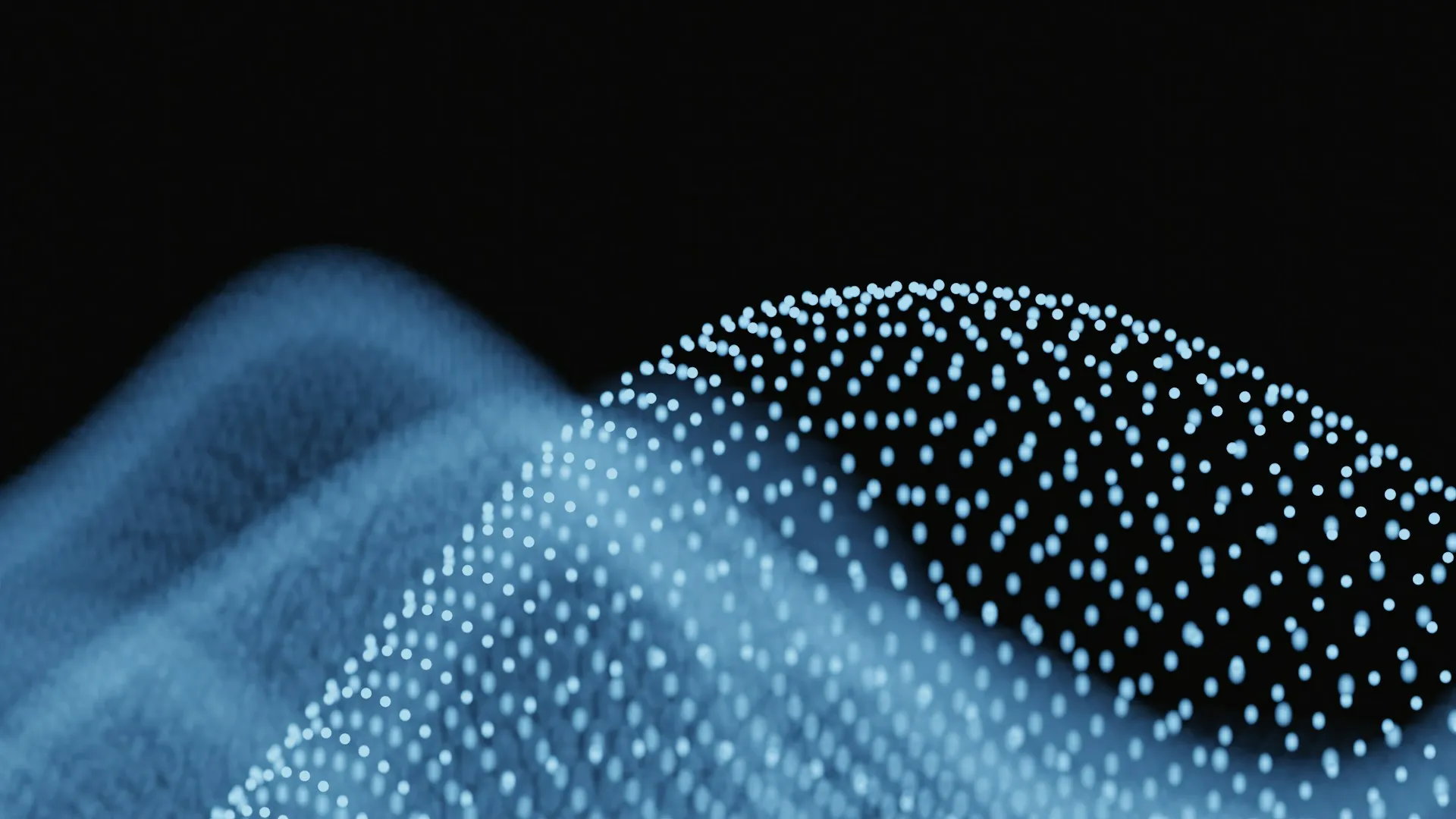 Abstrakte blaue Daten-Wellenform aus vielen kleinen leuchtenden Punkten vor schwarzem Hintergrund.