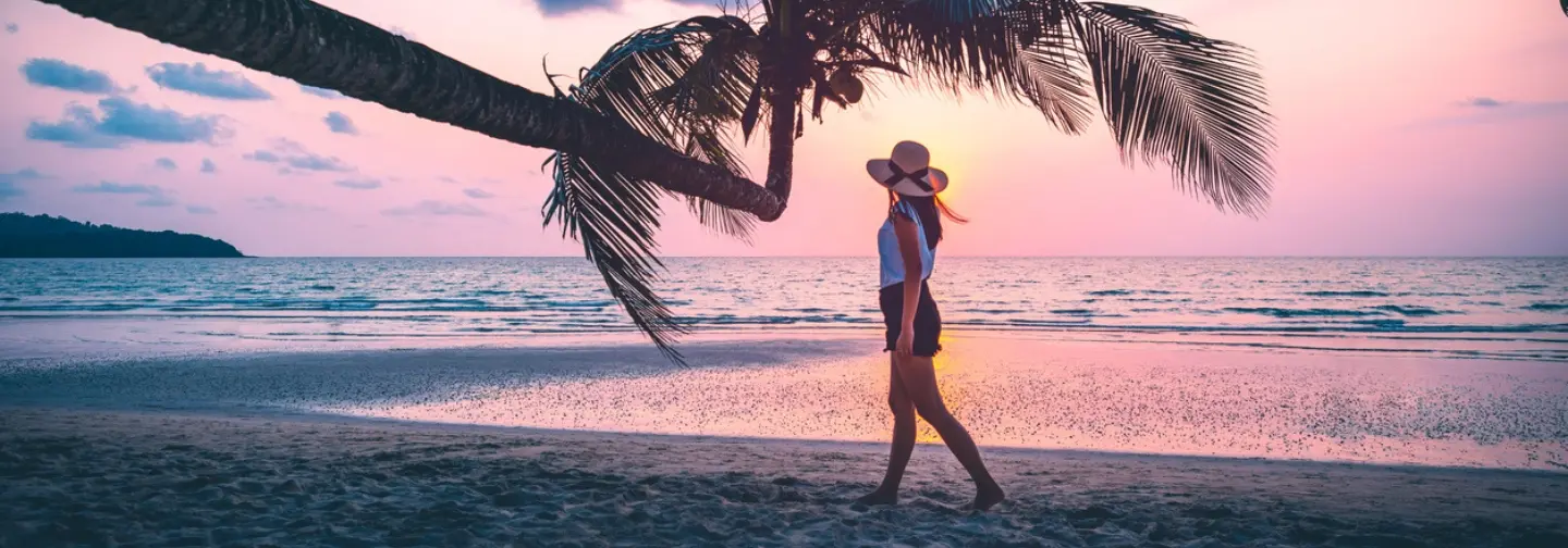 Personne marchant sous un palmier au coucher du soleil sur une plage en Guadeloupe.