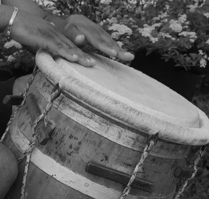 Gros plan sur un joueur de tambour traditionnel Gwo Ka lors d'une animation culturelle à La Créole Beach Hôtel & Spa en Guadeloupe.