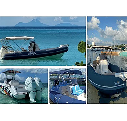 Sélection de bateaux pneumatiques rigides en location, avec ou sans skipper, à La Créole Beach Hôtel & Spa.