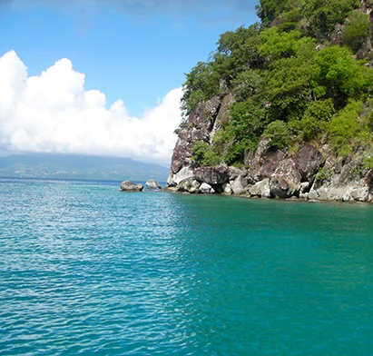 Paysage côtier des Saintes lors d'une excursion avec La Créole Beach Hôtel & Spa.