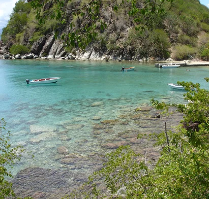 Vue d'une crique aux eaux transparentes et bateaux de pêche, à proximité de La Créole Beach Hôtel & Spa.