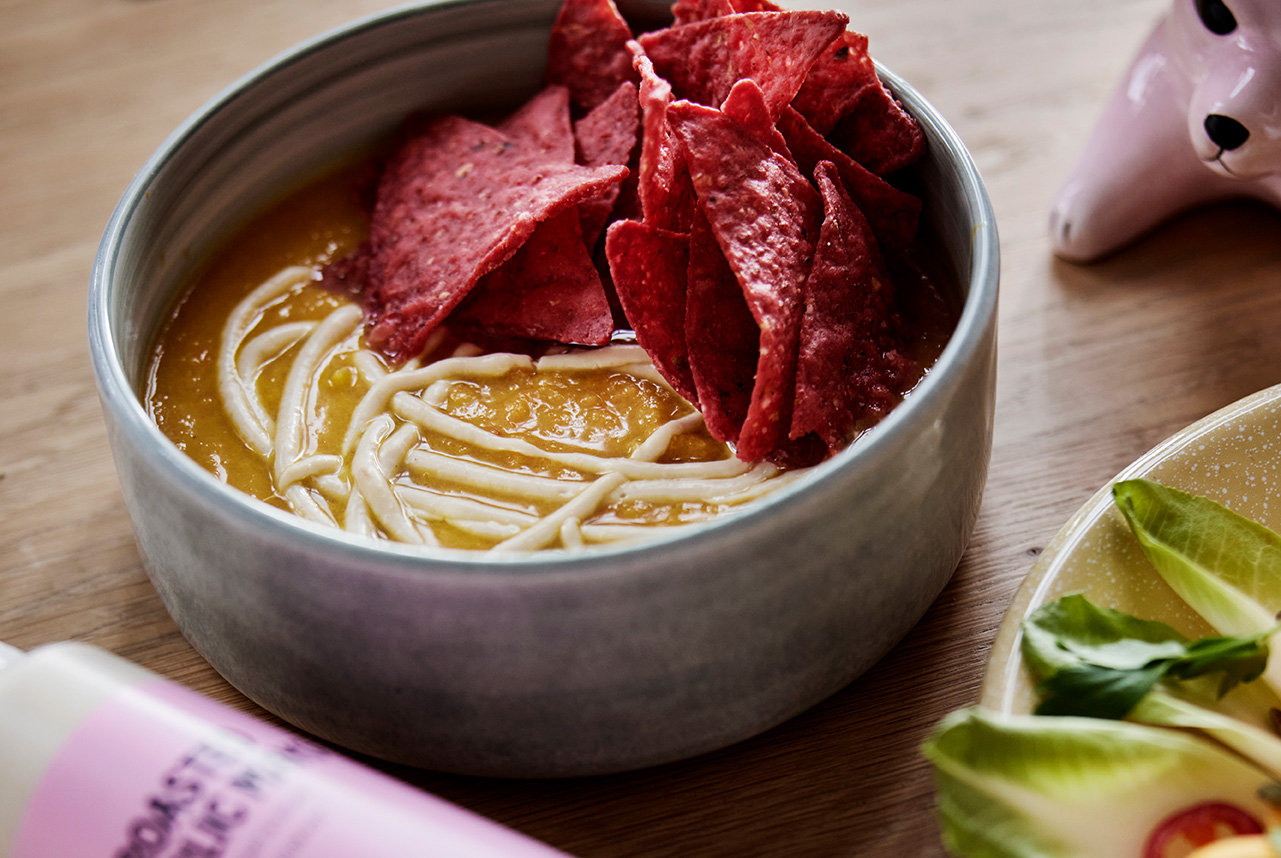 EL TACO TRUCK NIKOLA'S | Pumkin soup with Roasted Garlic Mayo and White Corn Chips