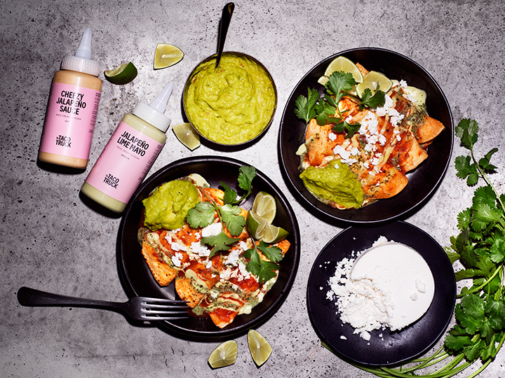 ENTOMATADAS WITH REFRIED BLACK BEANS