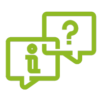 Two green speech bubbles with an information icon and a question mark inside.