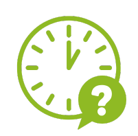 Clock showing 12 o'clock with a green speech bubble containing a white question mark.