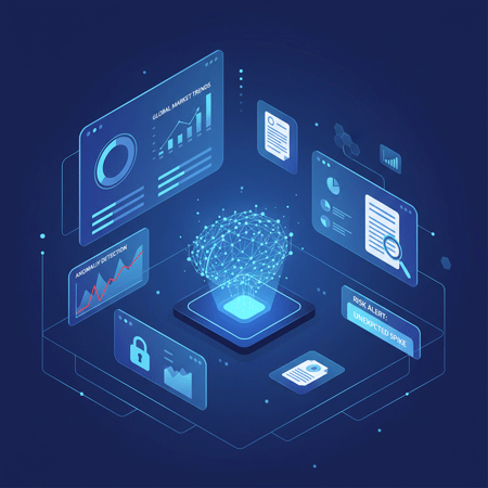 AIエージェントがデータ分析や意思決定を行う様子を示したデジタルイラスト