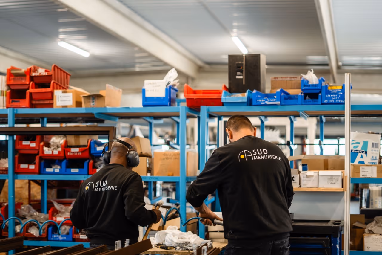 Deux ouvriers portant des vestes noires Sud Menuiserie travaillent dans un atelier avec des étagères bleues contenant des boîtes rouges, bleues et du matériel.