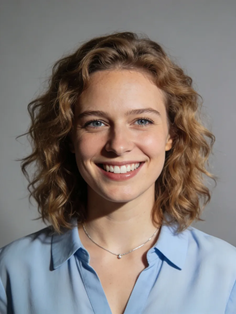Smiling woman with curly light brown hair wearing a light blue shirt and a delicate necklace.