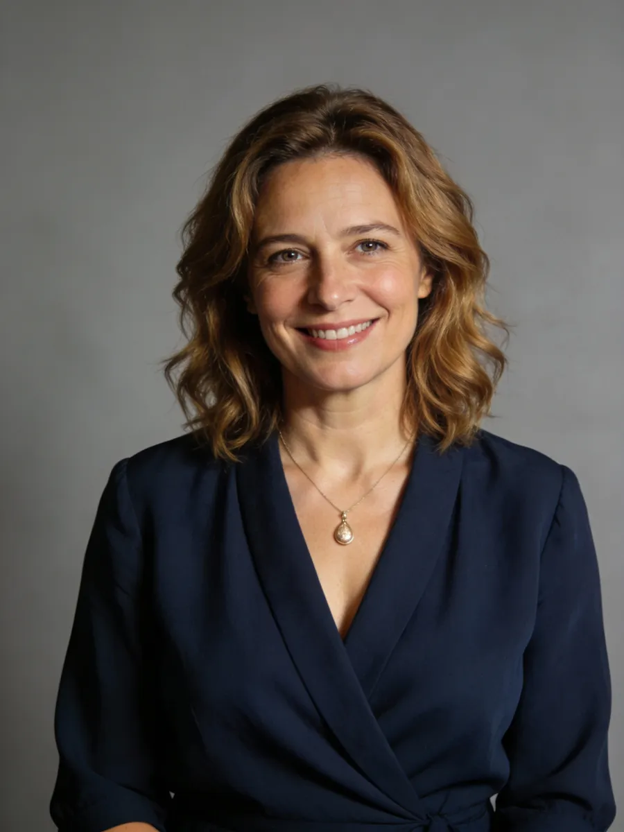 Woman with shoulder-length wavy hair smiling, wearing a navy blue blouse and a teardrop pendant necklace.