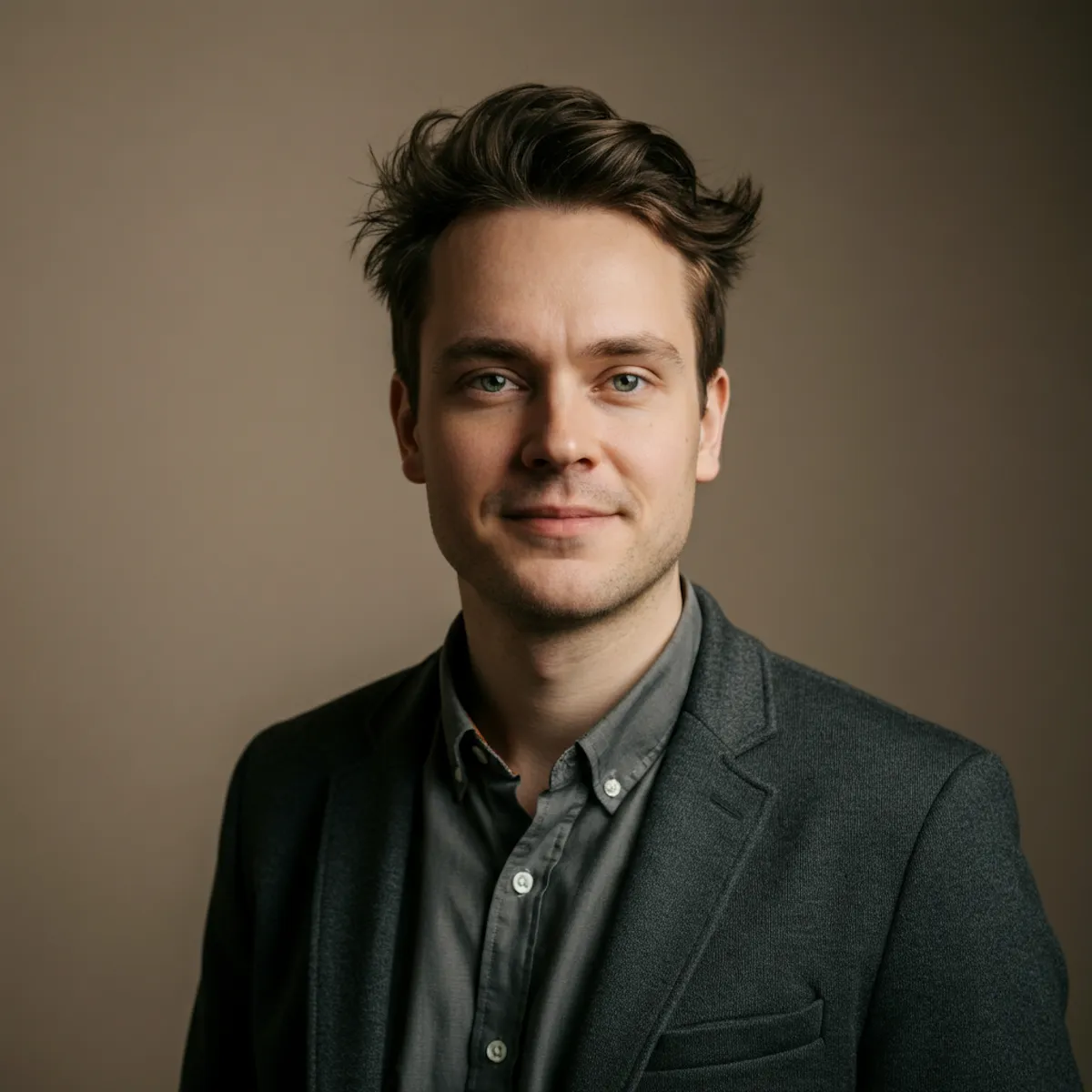Portrait of a young man with green eyes, tousled brown hair, wearing a dark gray blazer and shirt against a plain beige background.