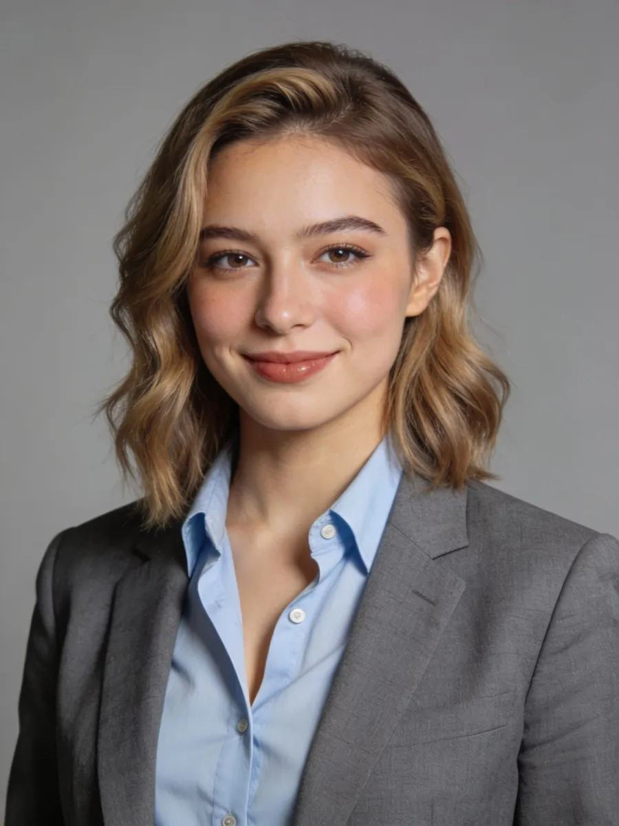 Young woman with shoulder-length wavy blonde hair wearing a light blue shirt and gray blazer, smiling slightly against a plain gray background.
