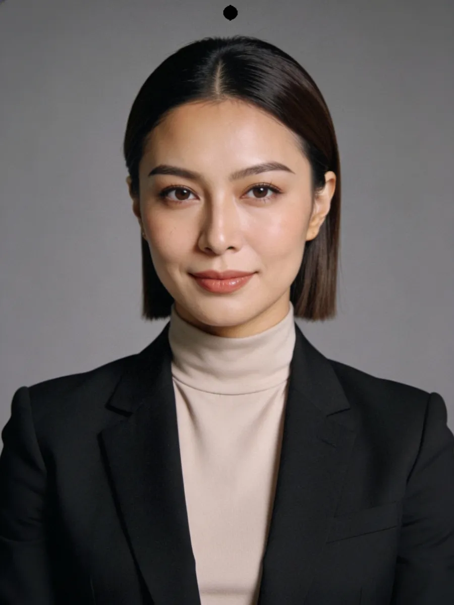 Professional portrait of a woman with straight dark hair wearing a beige turtleneck and black blazer against a gray background.