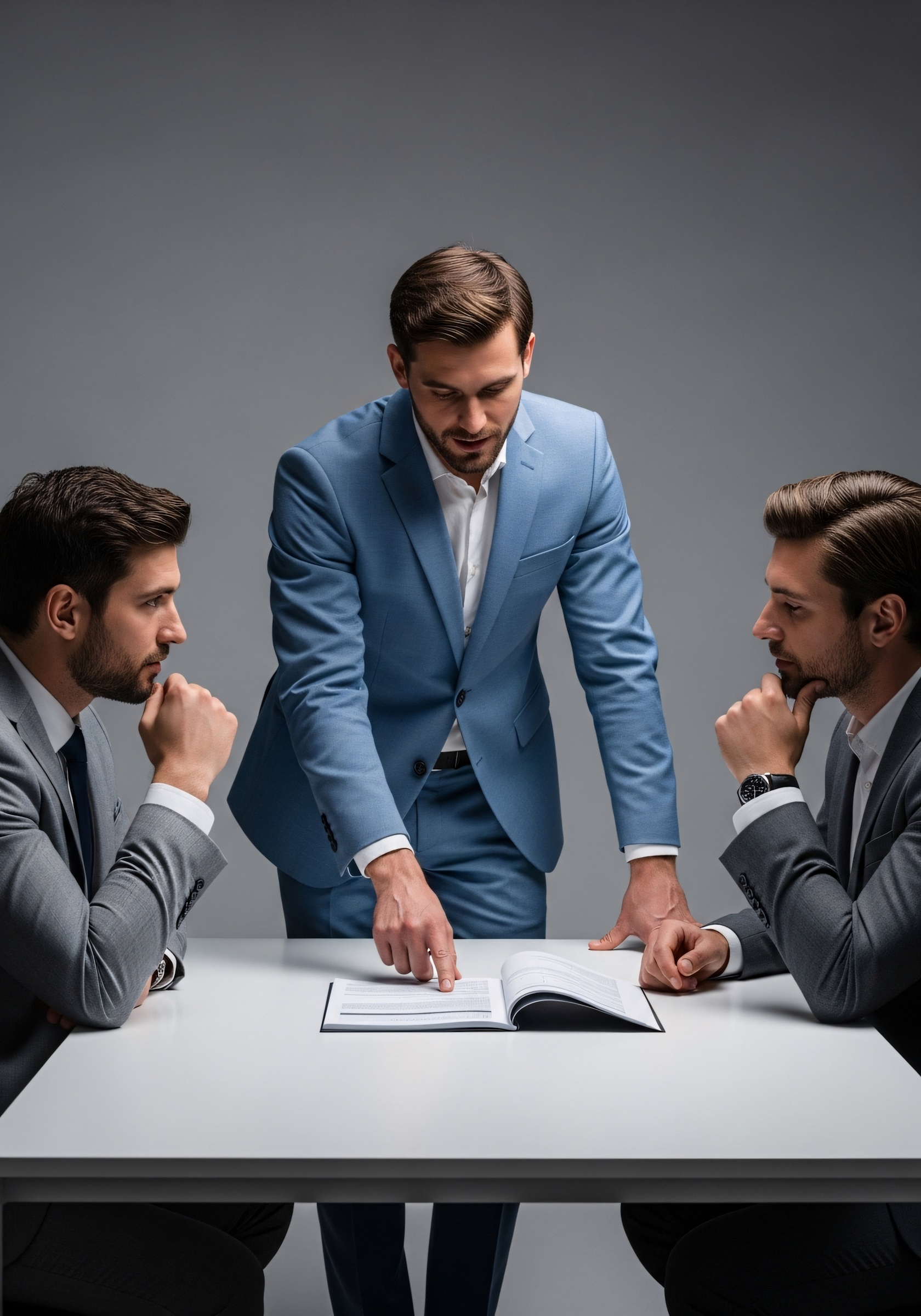 Three men in suits reviewing an open document on a white table, with the man in the middle pointing at the document.