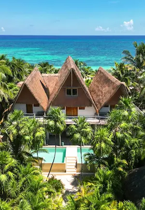 Aerial view of a luxury thatched-roof villa surrounded by palm trees and a swimming pool overlooking the ocean.