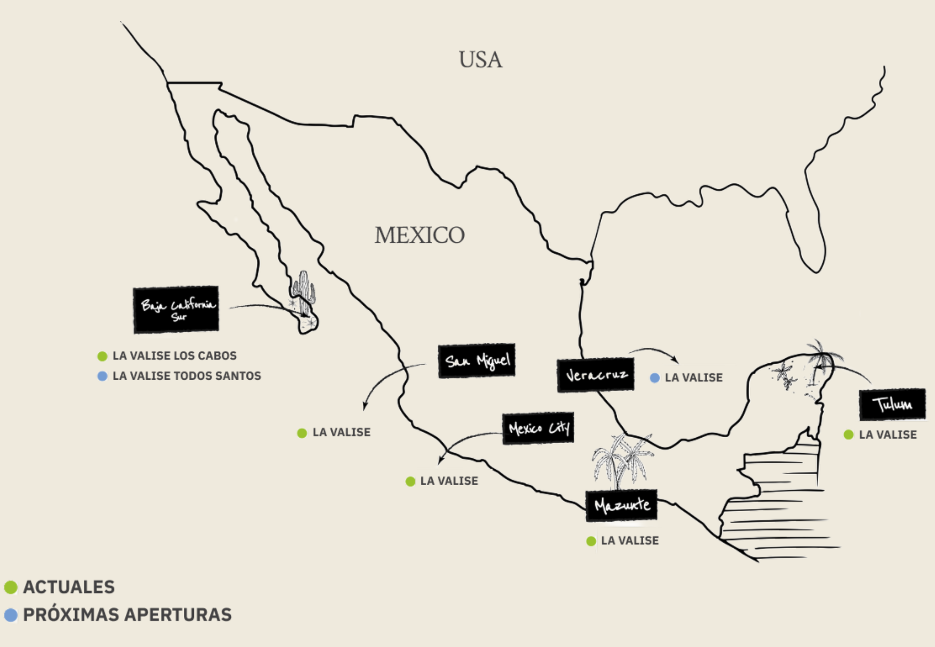 Map of Mexico showing La Valise hotel locations, including current sites in Los Cabos, San Miguel, Mexico City, Mazunte, and Tulum, plus upcoming openings in Todos Santos and Veracruz.