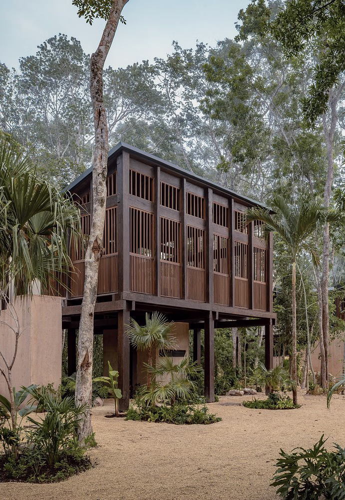Contemporary wooden treehouse-style villa with dark timber slats set amidst dense tropical vegetation.