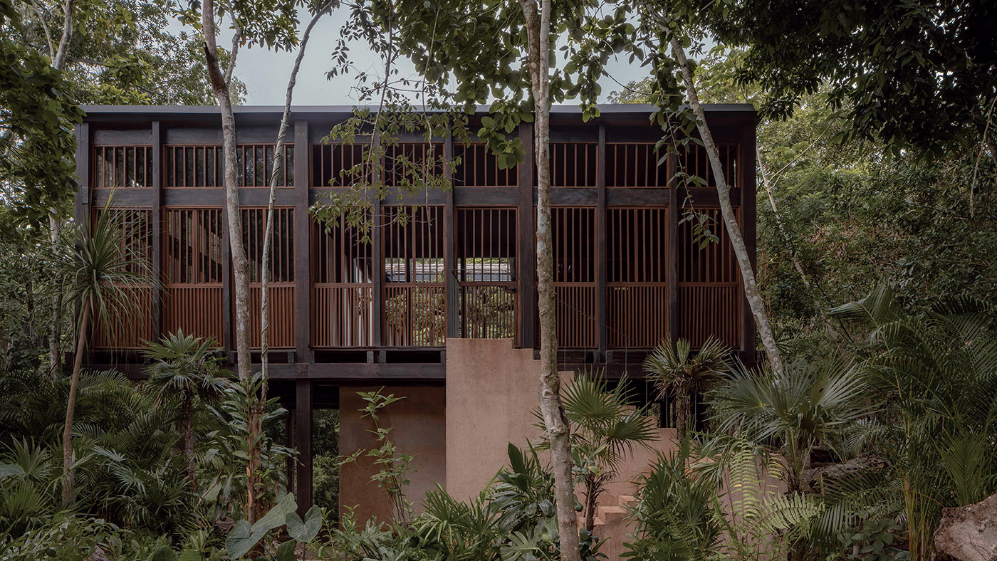 Covered wooden terrace with a private dip pool and lounge furniture overlooking a tropical jungle.