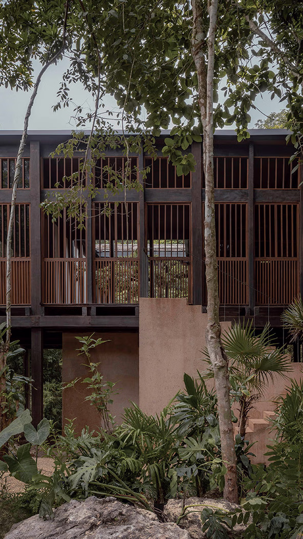 Covered wooden terrace with a private dip pool and lounge furniture overlooking a tropical jungle.