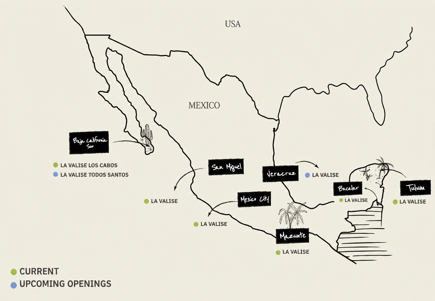 Map of Mexico showing La Valise hotel locations, including current sites in Los Cabos, San Miguel, Mexico City, Mazunte, and Tulum, plus upcoming openings in Todos Santos and Veracruz.