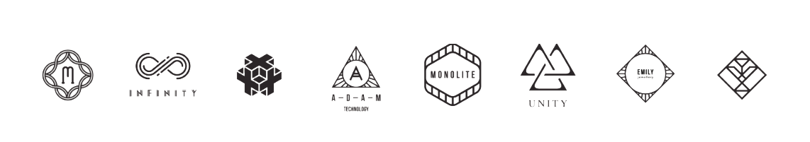 Row of eight monochrome logos separated by vertical lines, featuring stylized icons and text such as 'INFINITY,' 'A-D-A-M TECHNOLOGY,' 'MONOLITE,' 'UNITY,' and 'EMILY jewellery'.
