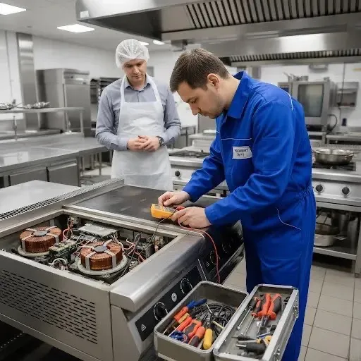Servisní technik opravuje gastro zařízení v profesionální kuchyni restaurace