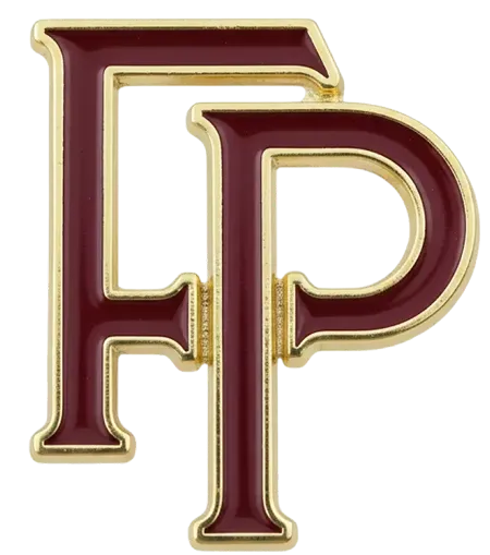 Buchstaben FP in dunkelrotem Emaille mit goldfarbenem Rand.