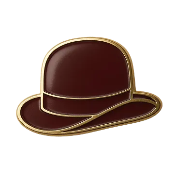 Brauner Melonenhut mit goldfarbenem Rand vor schwarzem Hintergrund.