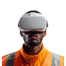 Man wearing an orange safety vest and a virtual reality headset.