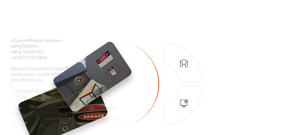 Two overlapping screenshots from a virtual reality environment; one shows an interior with a 'DANGER' sign on a panel, and the other shows an area with a table and a yellow railing, connected by an orange curved line to simple line icons of a desk and a 3D cube.