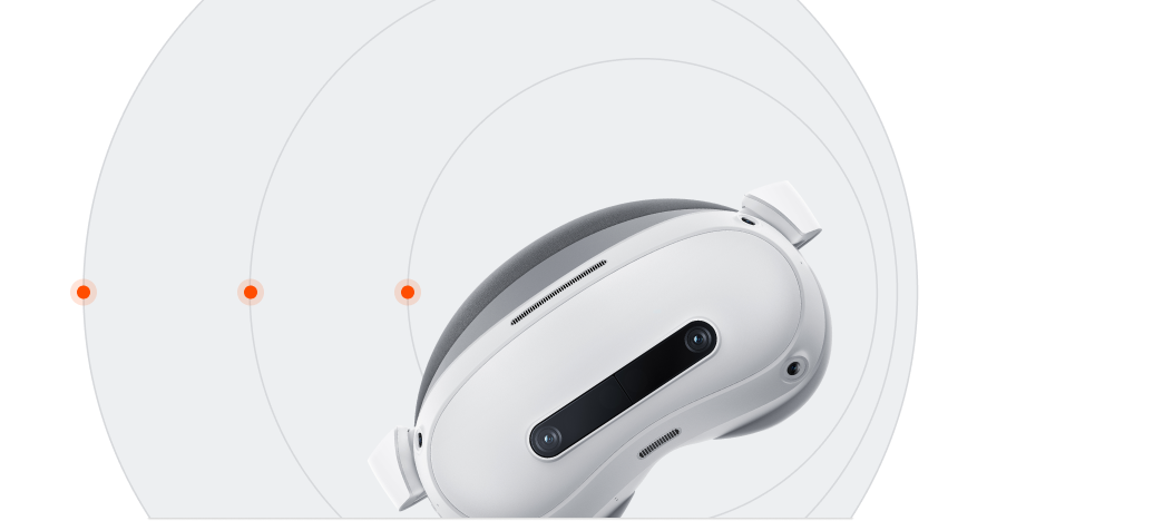 Top view of a white virtual reality headset with visible cameras and sensors.