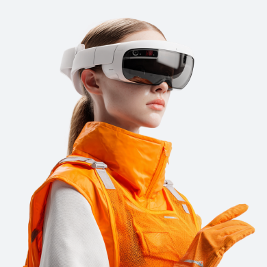 Person wearing a white and black augmented reality headset and an orange vest with matching gloves against a blue background.