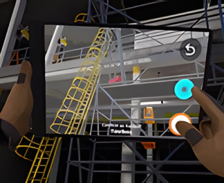 Virtual reality view of an industrial scene with ladders and metal structures, showing two hands interacting with VR controls.