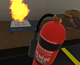Hand holding a red fire extinguisher aimed toward a small fire on a blue platform.