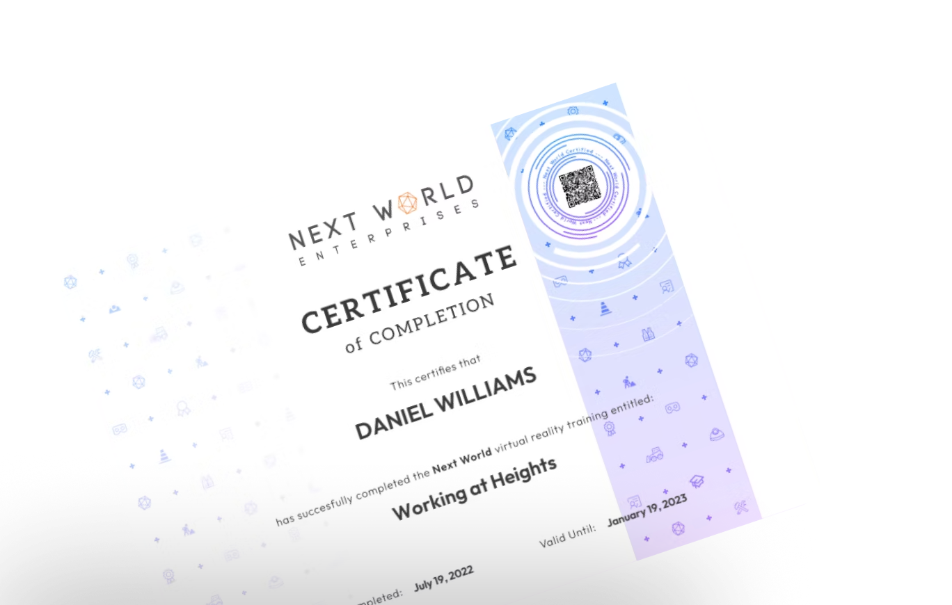 Certificate of Completion from Next World Enterprises awarded to Daniel Williams for completing virtual reality training on Working at Heights, valid from July 19, 2022 to January 19, 2023.