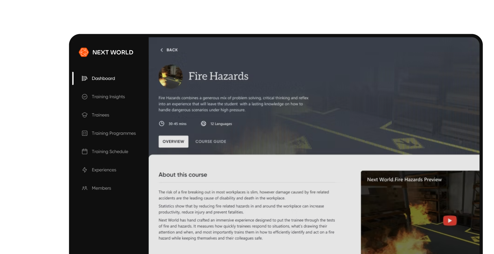 Next World dashboard showing Fire Hazards course overview with course description, duration of 30-45 mins, and available in 12 languages.