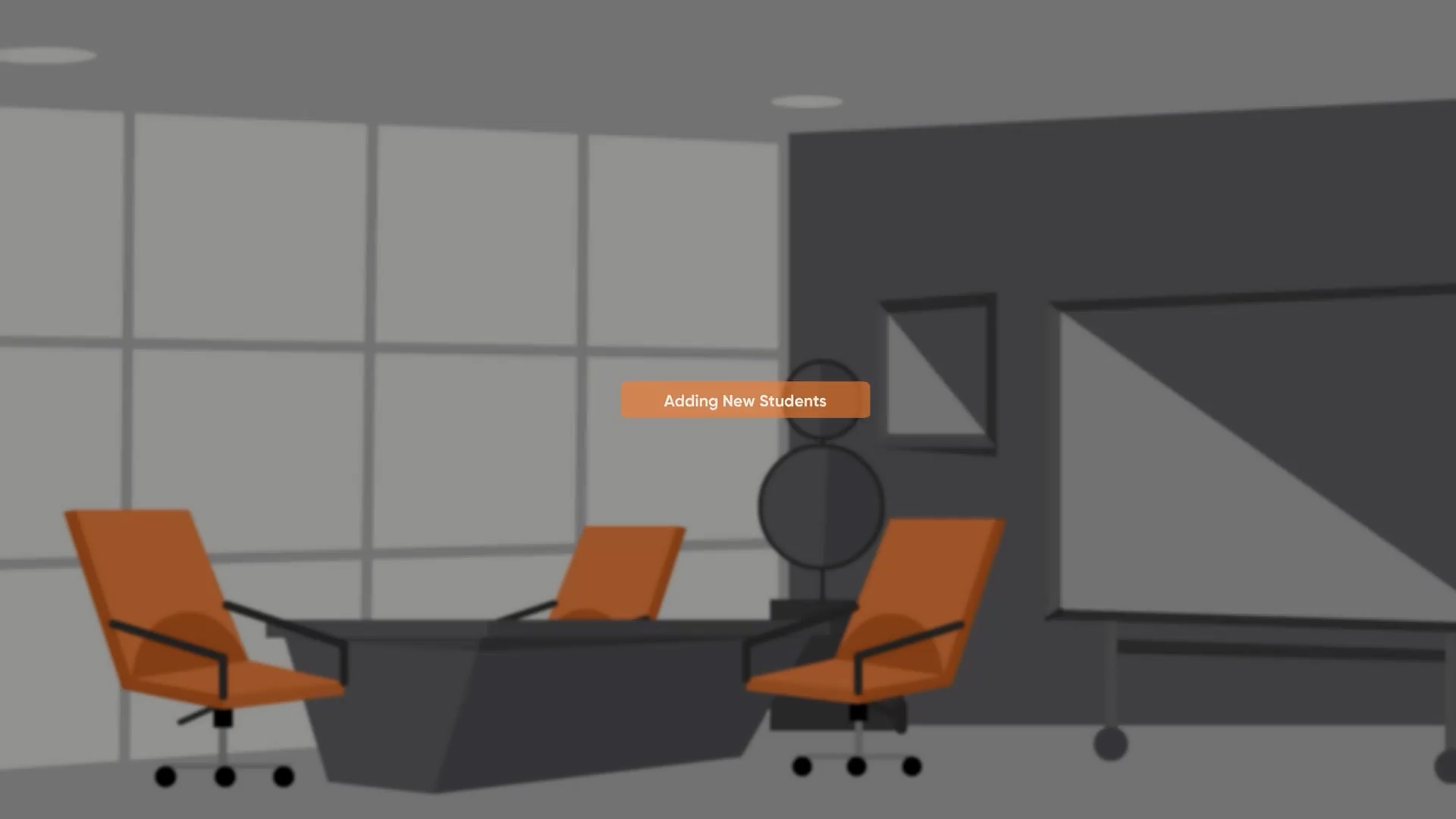 Illustration of a modern office meeting room with orange swivel chairs around a dark conference table and a large screen on the wall.