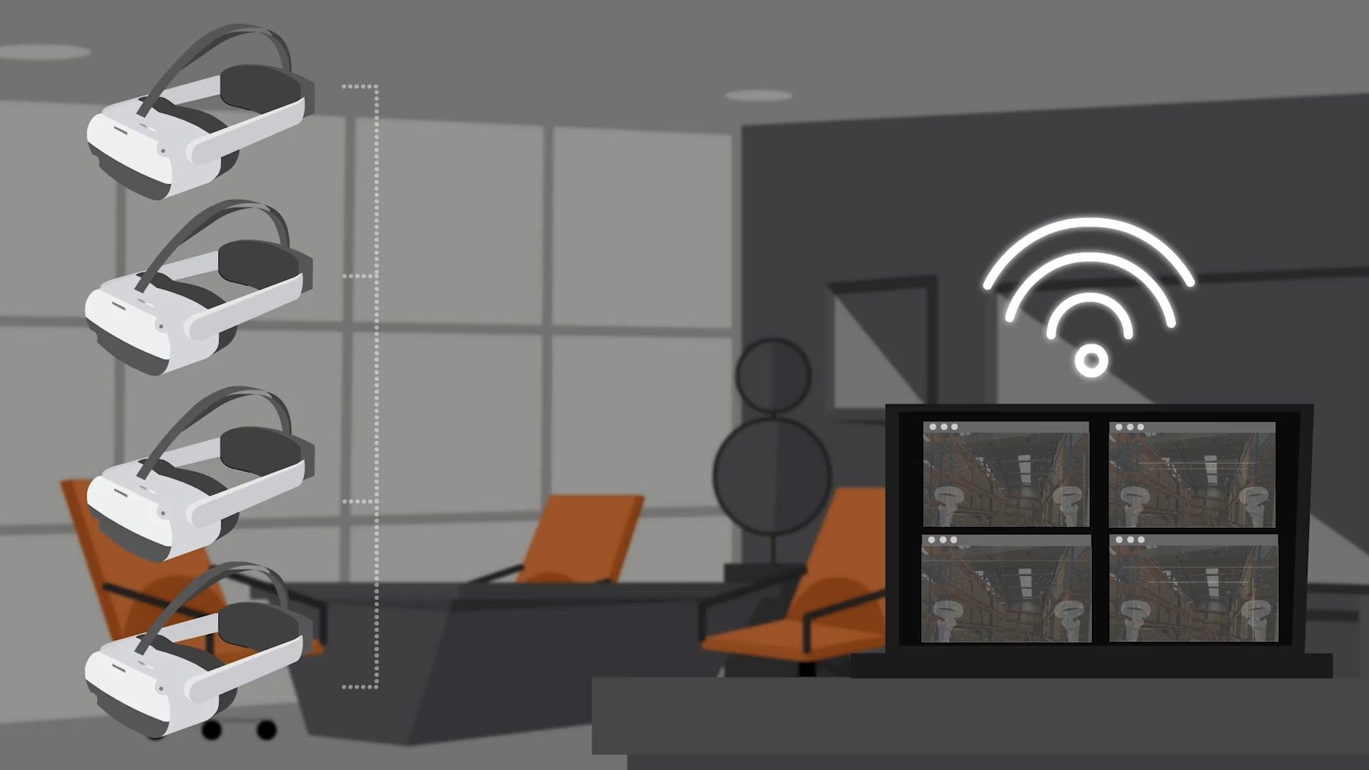 Illustration of four VR headsets connected wirelessly to a laptop displaying four identical warehouse camera feeds in an office setting.